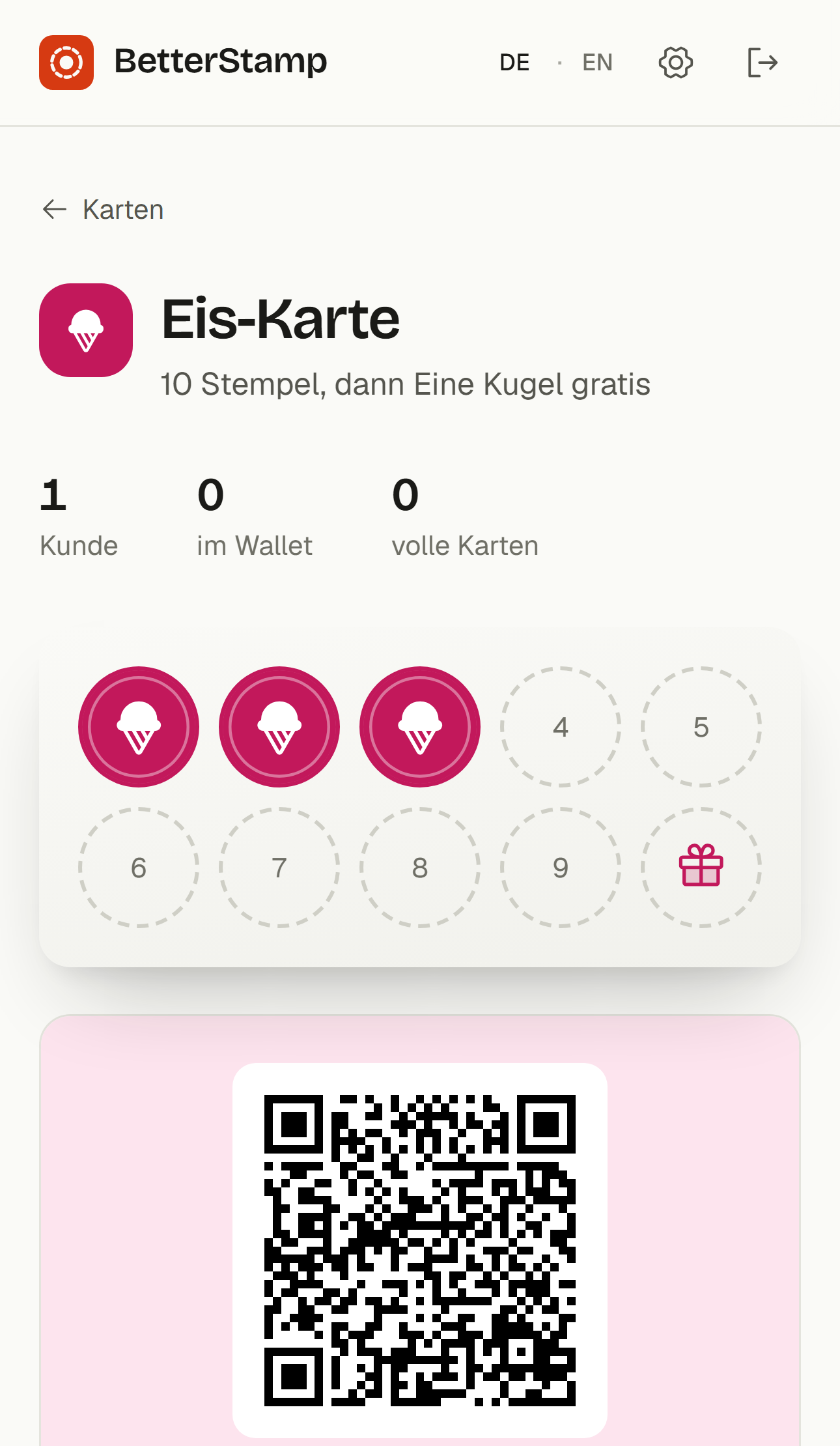 Die Kartenseite im Dashboard: QR-Code für die Theke, Kundenliste, Design