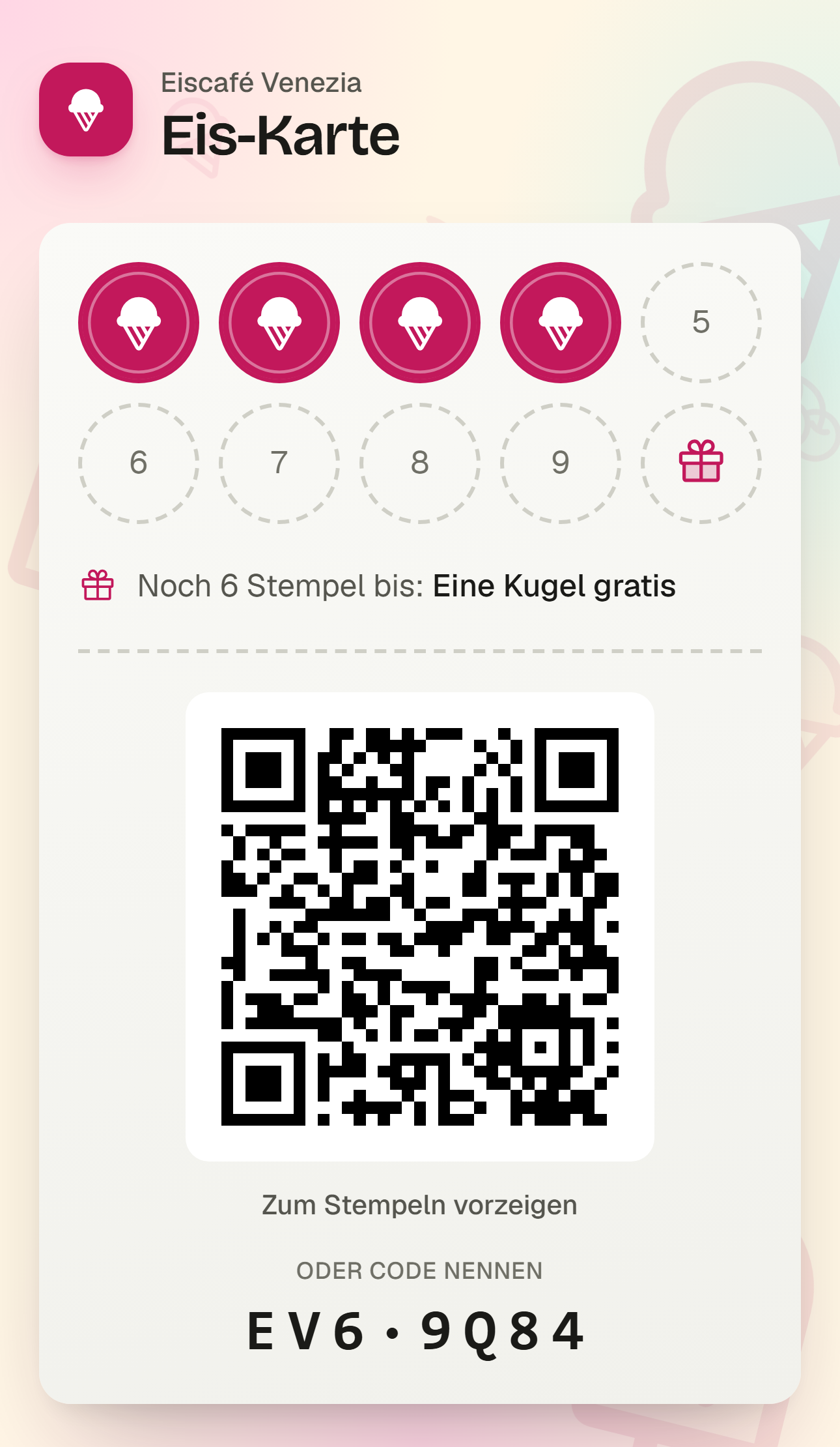 Die Kundenkarte, hell: Stempelraster, QR-Code, Code zum Vorlesen